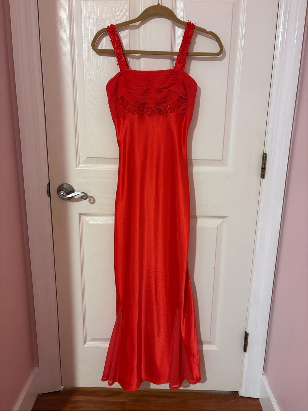 Orange/Red Beaded Strap Evening Dress